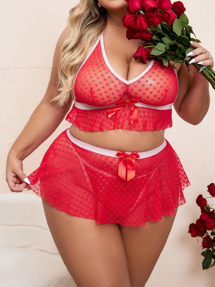 Plus Size Women'S Love Mesh Sexy Underwear 3-Piece Set (Valentine'S Day)