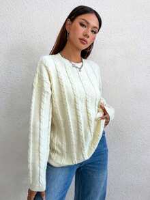 SHEIN Unity Cable-Knit Round Neck Long Sleeve Casual Sweater - White - View 4