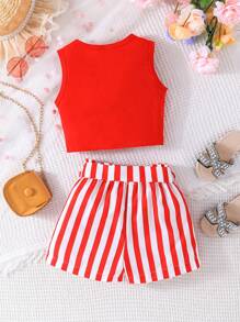 SHEIN Young Girl Monochromatic Vest Top With Belted Striped Shorts Outfit - Red - View 2