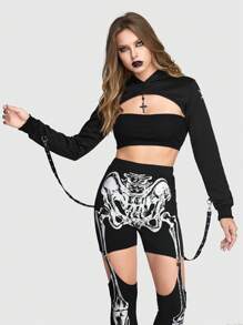 ROMWE Goth Sudadera Super Corta Gótica De Patrón De Esqueleto Para Mujer Con Diseño De Encaje Con Ojales En La Espalda - Negro - Ver 2