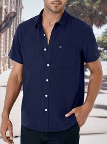 Manfinity Homme 男士字母刺繡補丁口袋襯衫