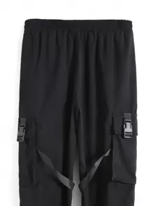 Manfinity Roghcode 1Pc Loose Men's Cargo Pants With Drawstring Waist Tapered Long Plain Black Going Out, For Fall - Black - View 2