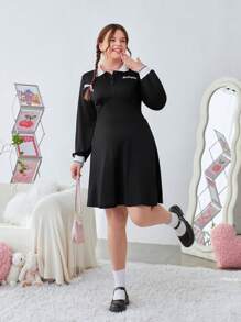 SHEIN EZwear Dress Ukuran Plus Kontras Kerah Tombol Depan Huruf Casual - Hitam - View 6