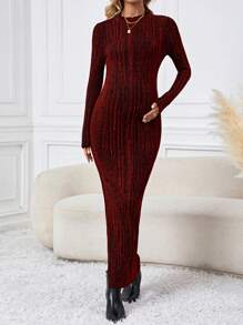 SHEIN Maternity Long Sleeve Side Split Dress - Burgundy - View 3