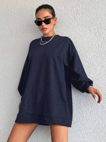 RueChic Solid Color Loose Fit Drop Shoulder Sweatshirt - Navy Blue - View 1