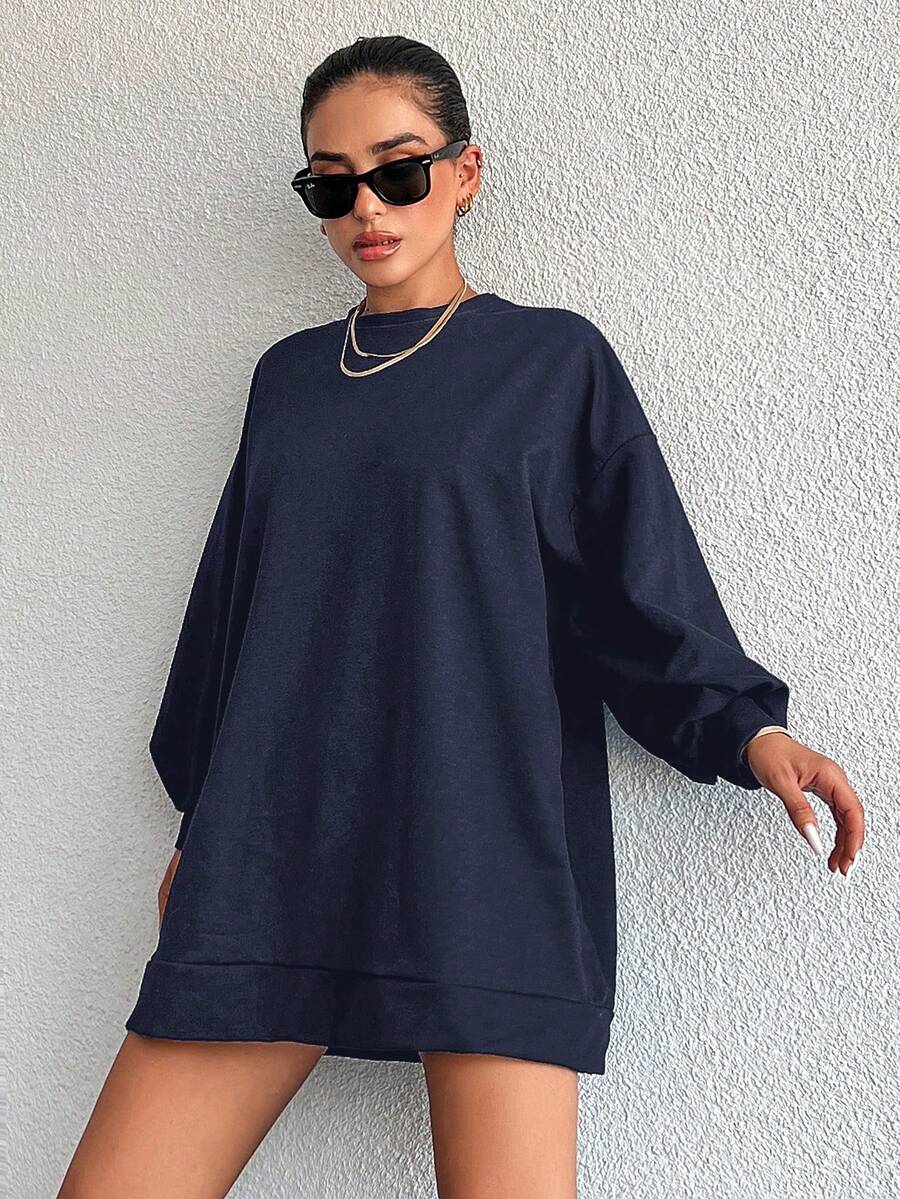RueChic Solid Color Loose Fit Drop Shoulder Sweatshirt - Navy Blue - View 1