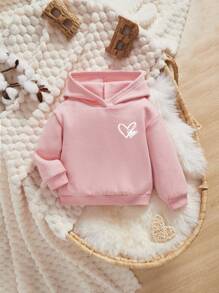 SHEIN Leap Crew 嬰幼兒女士休閒心形印花連帽毛絨衫 - 淺粉色 - 查看 1