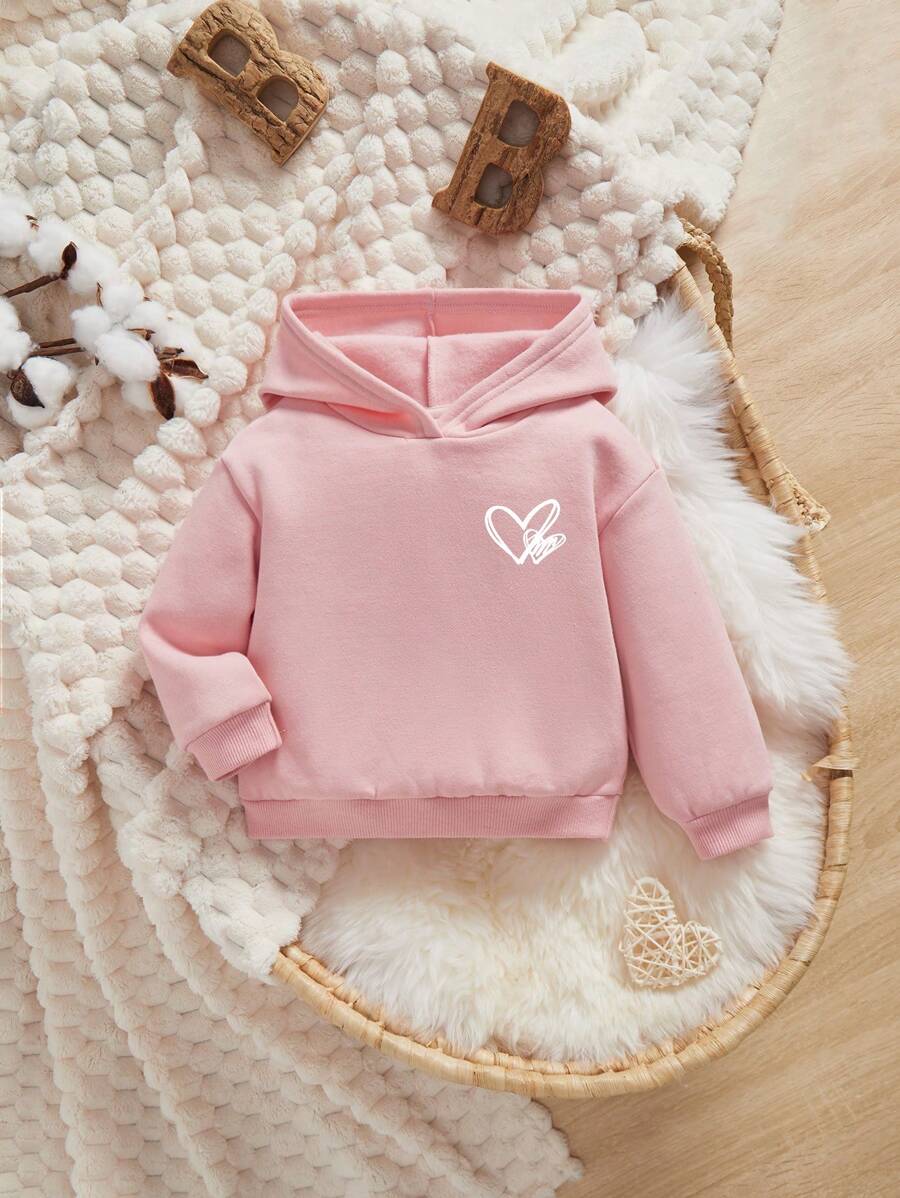 SHEIN Leap Crew 嬰幼兒女士休閒心形印花連帽毛絨衫 - 淺粉色 - 查看 1