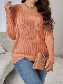 Celure Plus Size Shell Edge Rhinestone Decoration Pullover Sweater - Burnt Orange - View 3