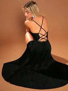 SHEIN BAE Vestido De Tirantes Con Cuello Drapeado Y Abertura Alta En La Falda - Negro - Ver 6