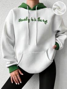 RueChic Letter Embroidery Kangaroo Pocket Drop Shoulder Drawstring Hoodie - White - View 1