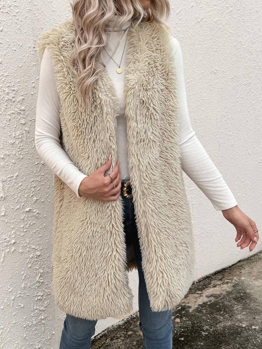 SHEIN LUNE Của phụ nữ Màu thuần Không tay lông tơ Giải trí áo - Màu be - Xem 1