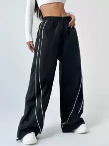SHEIN EZwear 高腰寬腿休閒長褲 - 黑色 - 查看 1