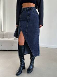 EURMUSE Women'S Denim Skirt With Split - Blue - View 2