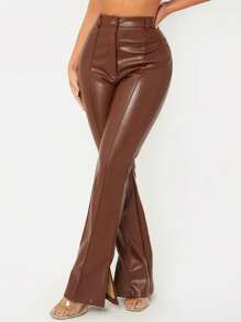 EURMUSE Women's Tight-Fit PU Leather Flared Pants With Slit - Brown - View 1