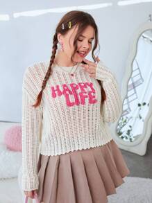 SHEIN EZwear Sweatshirt-pullover In Übergröße Mit Buchstabenmuster, Fallenden Schultern Und Hohlem Design - Beige - Übersicht 2
