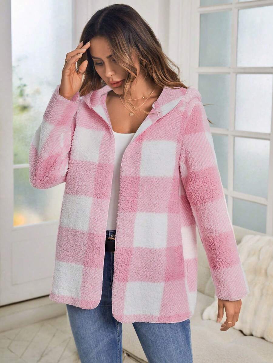 SHEIN LUNE 格紋圖案連帽絨毛外套 - 粉色 - 查看 1