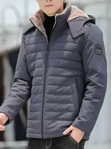 Men Plus New Thickened Internal Fleece Warm Coat With Zipper Pocket And Hood - Grey - View 4