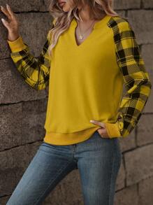 SHEIN LUNE 女款缺角領格紋拼布插肩袖運動衫 - 黃色 - 查看 5