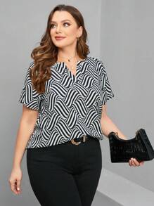 Chikora Summer Shirts Plus Size Short Sleeve Summer Blouse With Notched Lapel - Black and White - View 1