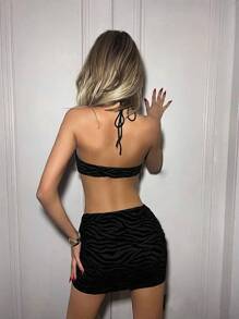 SHEIN ICON 女用水鑽流蘇細節無袖掛脖背心和裙子套裝 - 黑色 - 查看 6