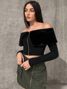 SHEIN Essnce Của phụ nữ Off Shoulder Dây kéo phía trước Áo thun - màu đen - Xem 5