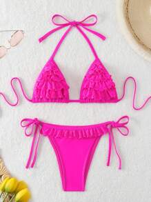 Swim SXY 多層鏤空蕾絲三角杯比基尼套裝帶穿孔設計情人節 - 玫紅色 - 查看 3