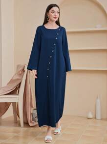 Al Najma 純色長袖連衣裙,帶模擬鈕扣設計 - 藍色 - 查看 3
