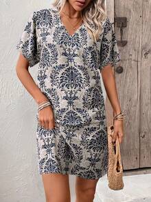 SHEIN LUNE Floral Printed Short Sleeve Dress For Women - Multicolor - View 4