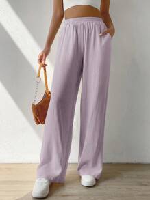 SHEIN EZwear 純色彈性腰寬褲 - 淡紫色 - 查看 6