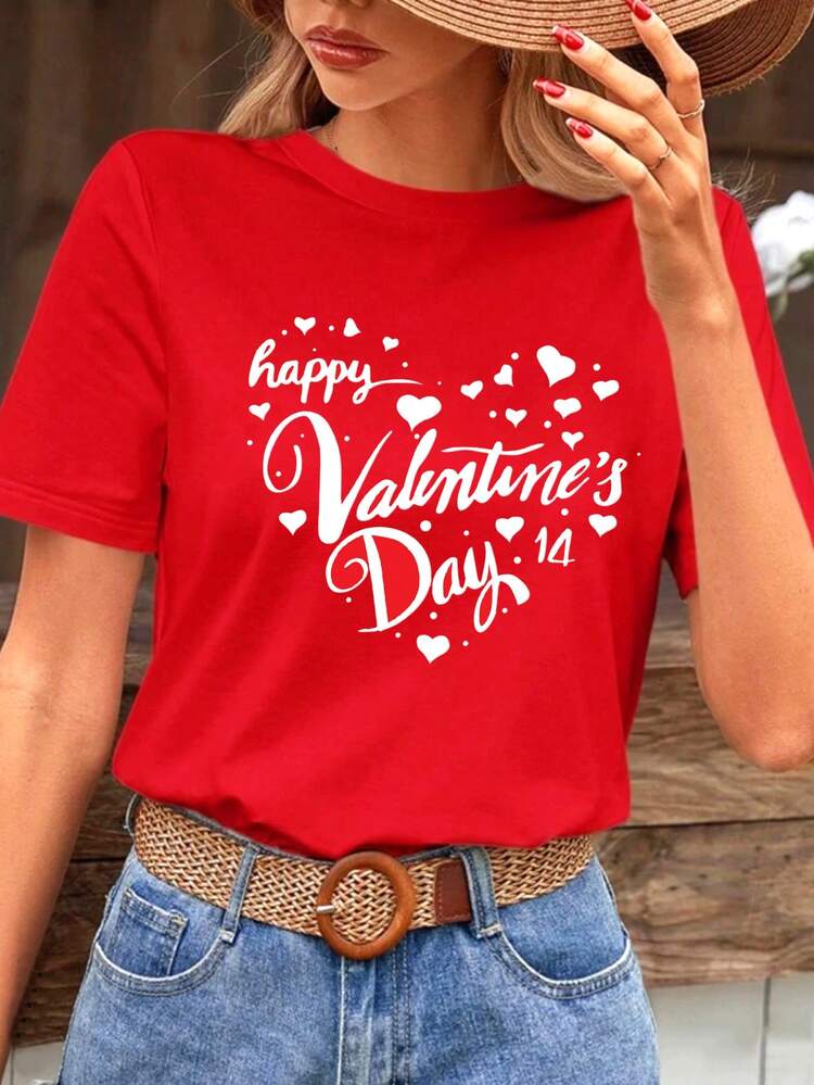 Women's Letter And Heart Print Slim Fit T-Shirt