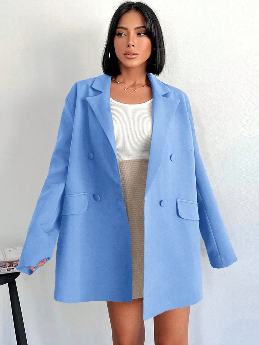 SHEIN Cottnline Lapel Double-breasted Loose Fit Suit Jacket - Baby Blue - View 1