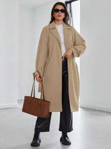 EURMUSE Lapel Neck Open Front Belted Overcoat - Camel - View 3
