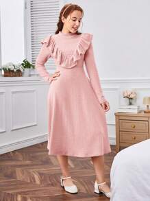 SHEIN Teen Girls' Stand Collar Ruffle Trim Long Sleeve Dress - Pink - View 6