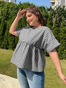 SHEIN MOD 大尺碼女用格紋荷葉邊下擺襯衫