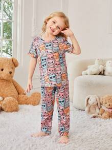 Young Girl Cute Cat Printed Comfortable Pajamas Set - Blue - View 1