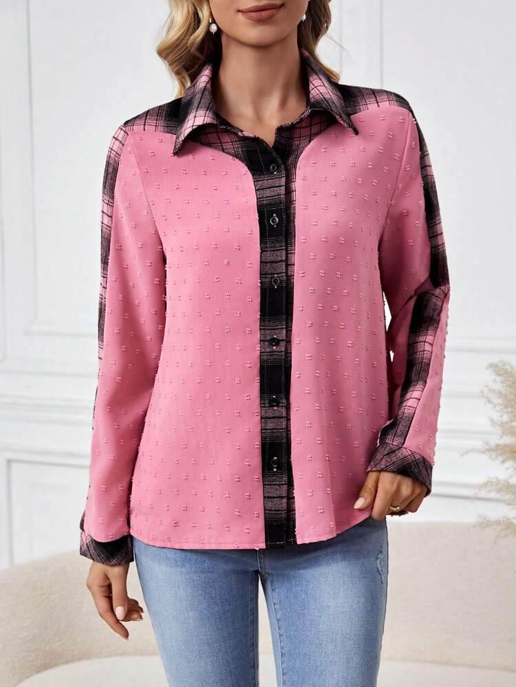 Plaid Panel Long Sleeve Shirt Fall Cloth For Women
