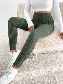SHEIN Frenchy 女式羅紋針織打底褲 - 綠色 - 查看 1
