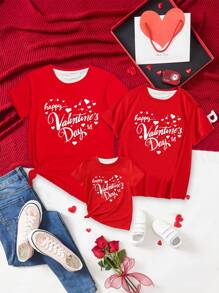 SHEIN Young Girl Short Sleeve Letter And Heart Print T-Shirt