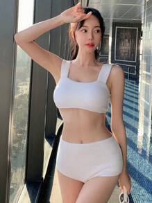 DAZY Màu thuần Textured Bikini Áo bơi Bộ - trắng - Xem 3