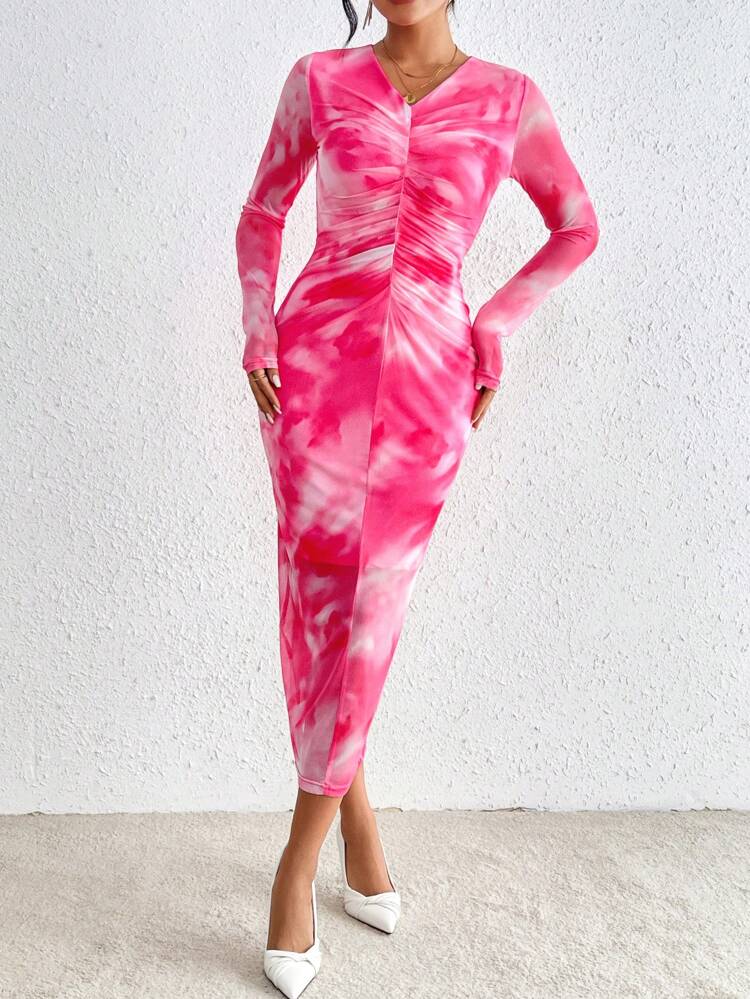 V-neck Tie Dye Pleated Waist Dress