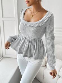 SHEIN Privé Ruffle Trim Ribbed T-shirt - White - View 4