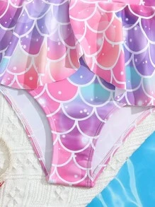 小女孩美人魚鱗紋印花單品泳衣 - 粉色 - 查看 5