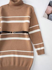 SHEIN 少女寬鬆束腰毛衣裙,圓領設計 - 卡其色 - 查看 3