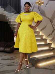 大码女式圆领短款泡泡袖 A 字形紧身连衣裙 - 黃色 - 查看 6