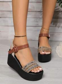 女夏季新款韓版坡跟厚底涼鞋露趾扣帶厚底鞋