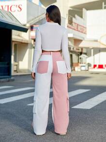 Y2K Streetwear High Waist Contrast Color Flap Pocket Corduroy Cargo Pants Pink Casual Spring - Pink - View 4