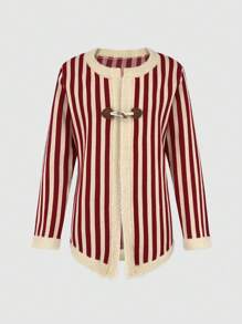 SHEIN Unity Button-Up Striped Cardigan With Horn Button - Multicolor - View 1