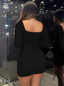 SHEIN SXY Vestido Ajustado De Manga Larga De Color Liso - Negro - Ver 2