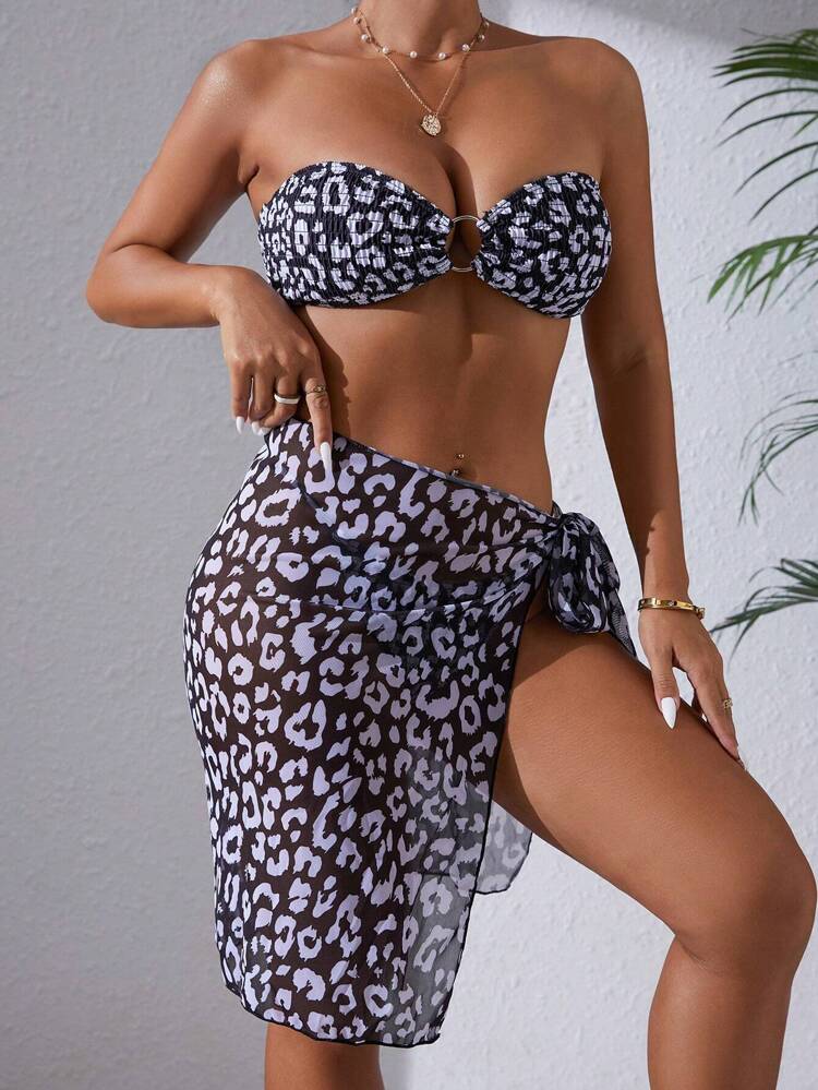 Summer Women'S Floral Print Bra Top, Skirt, Triangle Bottom Bikini Set